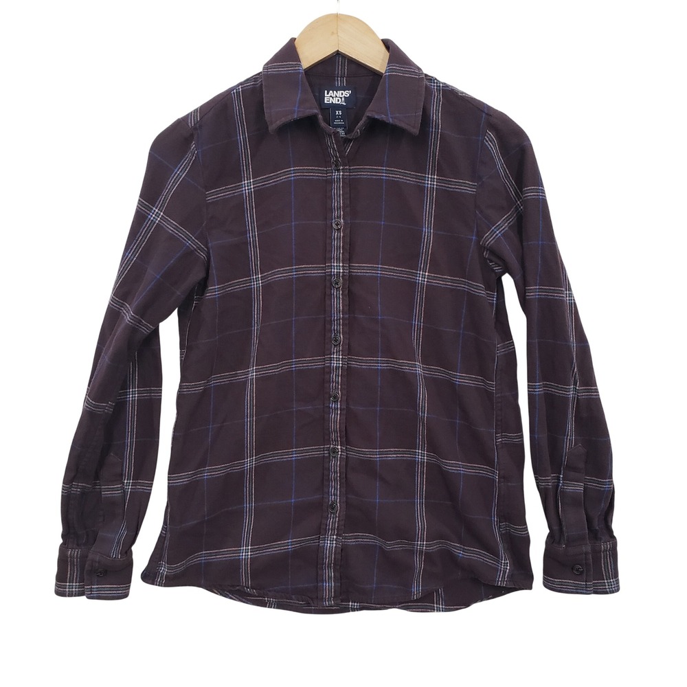 Lands‎ End Womens XS Plaid Button Down Shirt Long Sleeve Cotton Cabincore Casual